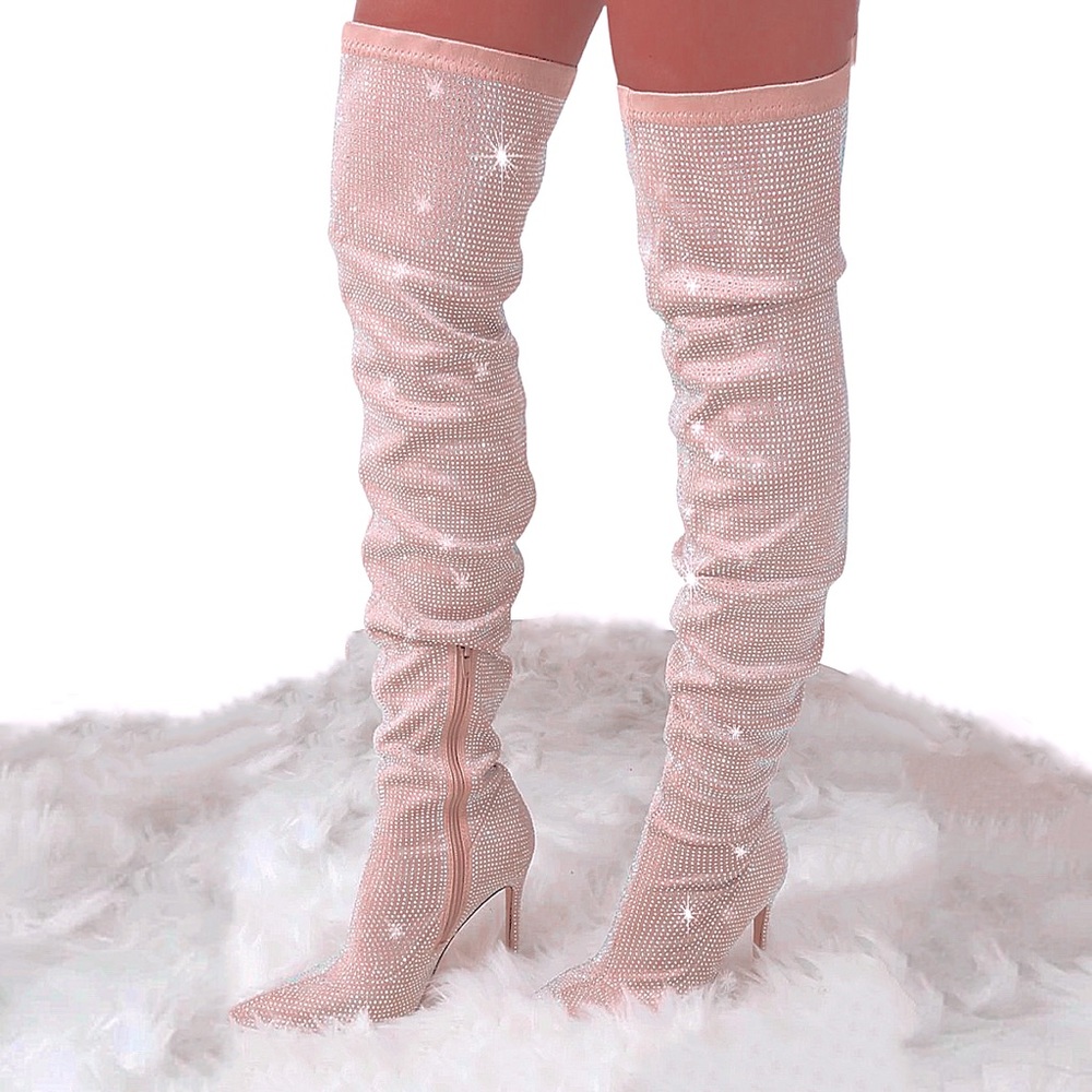 NUDE RHINESTONE HIGH HEEL THIGH HIGH BOOTS - NUDE DIAMOND OVER THE KNEE BOOTS